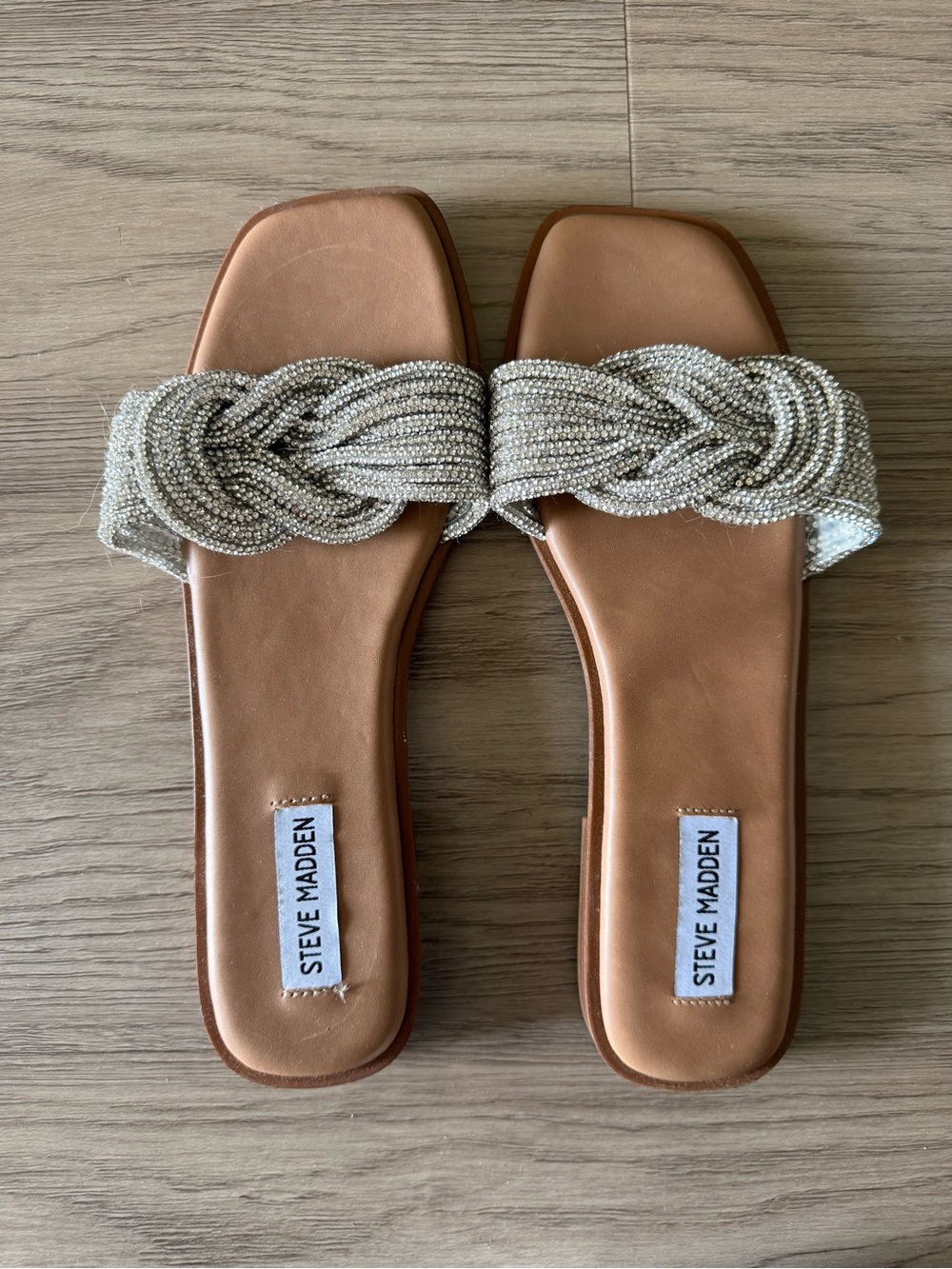 Steve Madden Tan Slides with Silver Beaded Braided Strap